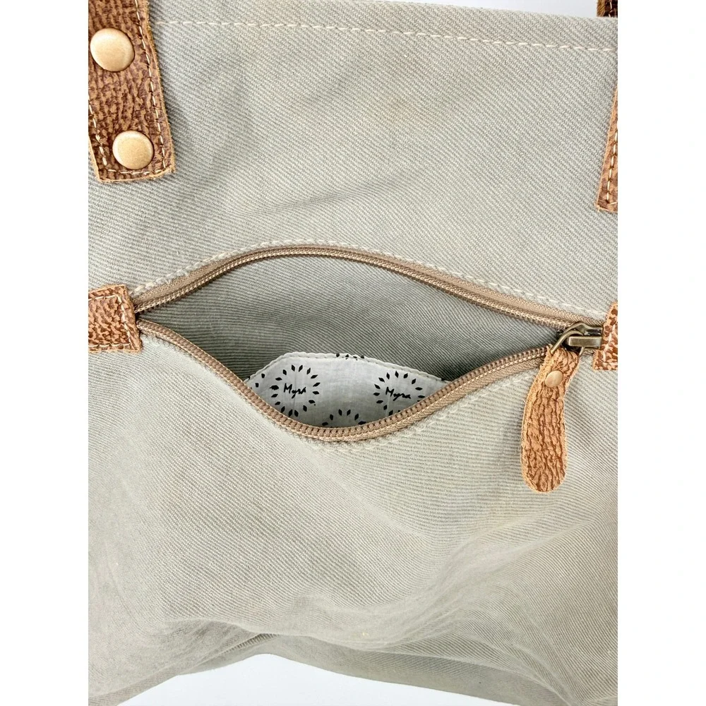 Myrha Large Tote‎ Festival Boho Y2K Upcycled Canvas Leather Brown White Summer